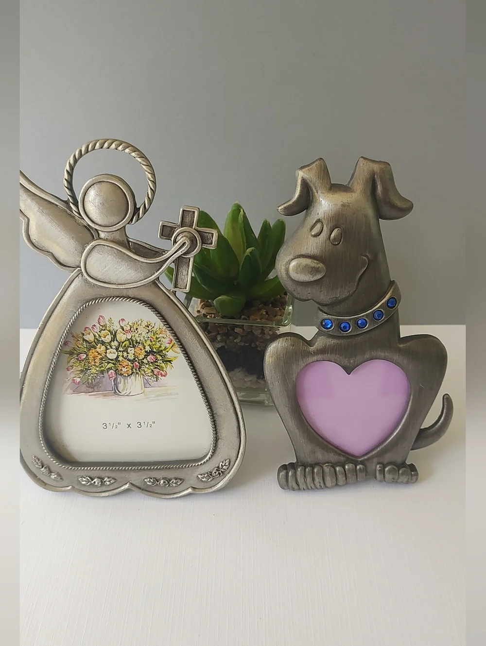 Playful Dog Heart Picture Frame Gray with Blue Jewel Collar